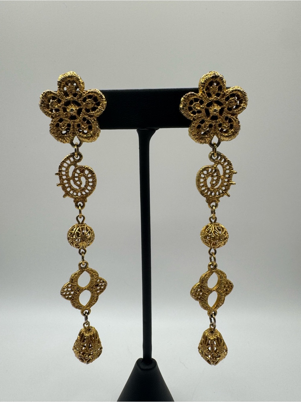 Vintage Gold Tone Filigree Long Dangle Stud Back Earrings